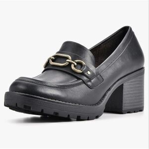 Women’s Black Chunky Heel Loafers Size 6M Gold Chain Block Heel Lug Sole